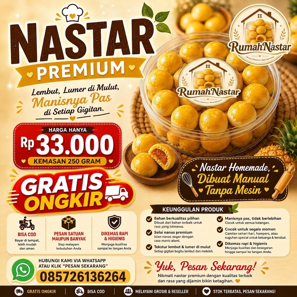 Poster promosi Nastar Premium Homemade RumahNastar, kemasan 250 gram, harga Rp33.000, gratis ongkir